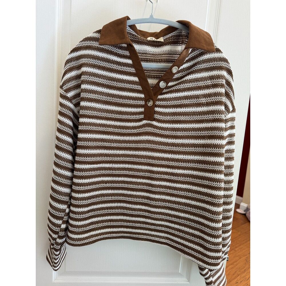 BiBi Striped Open Knit Polo Sweater Collar Top